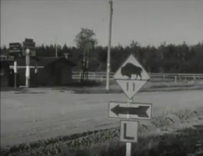 un paysage rural avec un magasin en arrire-plan et un panneau routier avec une icne de bison au premier plan